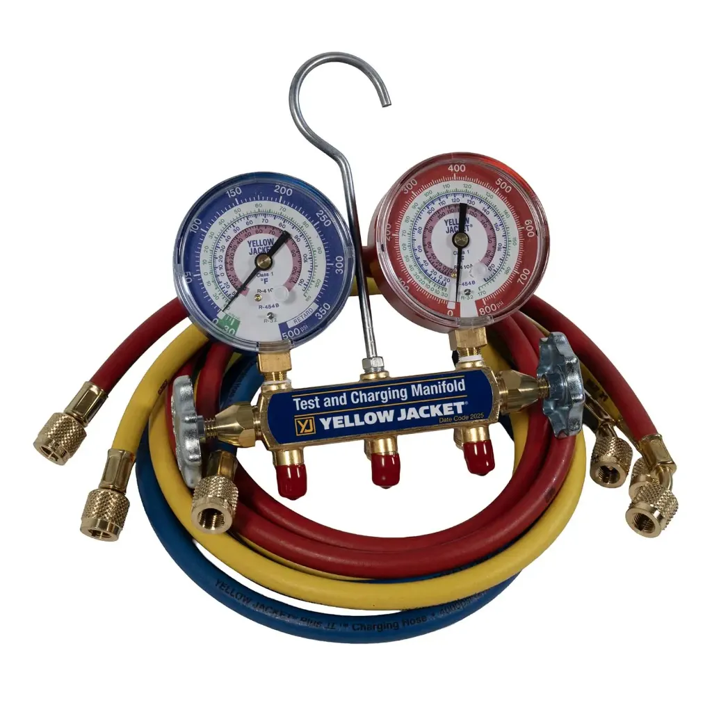[42036] Yellow Jacket 42036 2-Valve Series 41 A2L Manifold, (psi °F) R32/454B/410A, 3-1/8" Gauges (60" Plus II R/Y/B Hoses)
